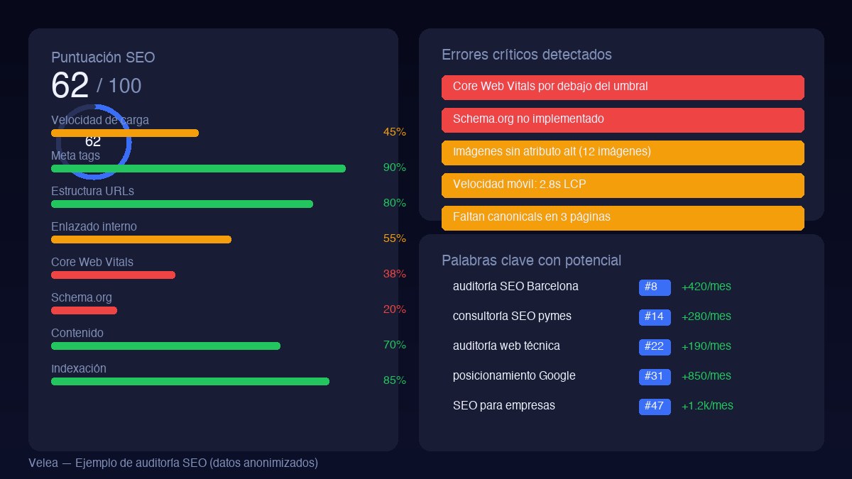 Dashboard auditoría SEO técnica Barcelona — puntuación global, errores críticos y plan de acción priorizado